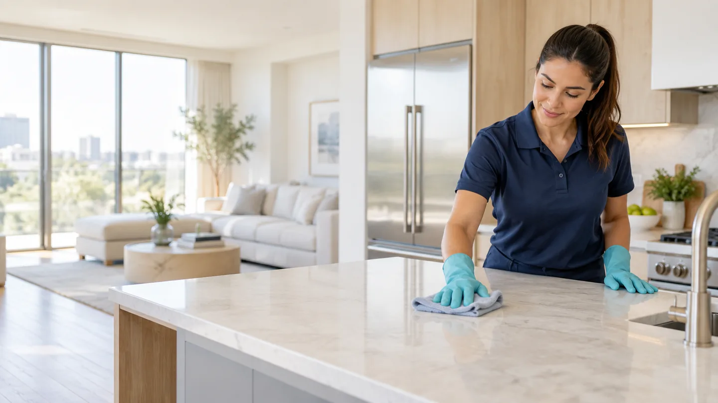 Professional cleaner wiping a kitchen counter in a bright residential home