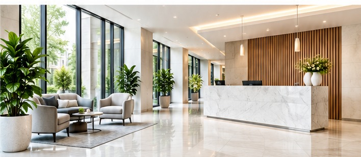 Bright, professionally maintained commercial lobby