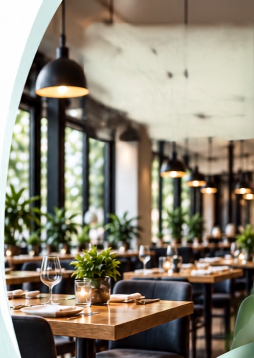Clean, polished restaurant dining room